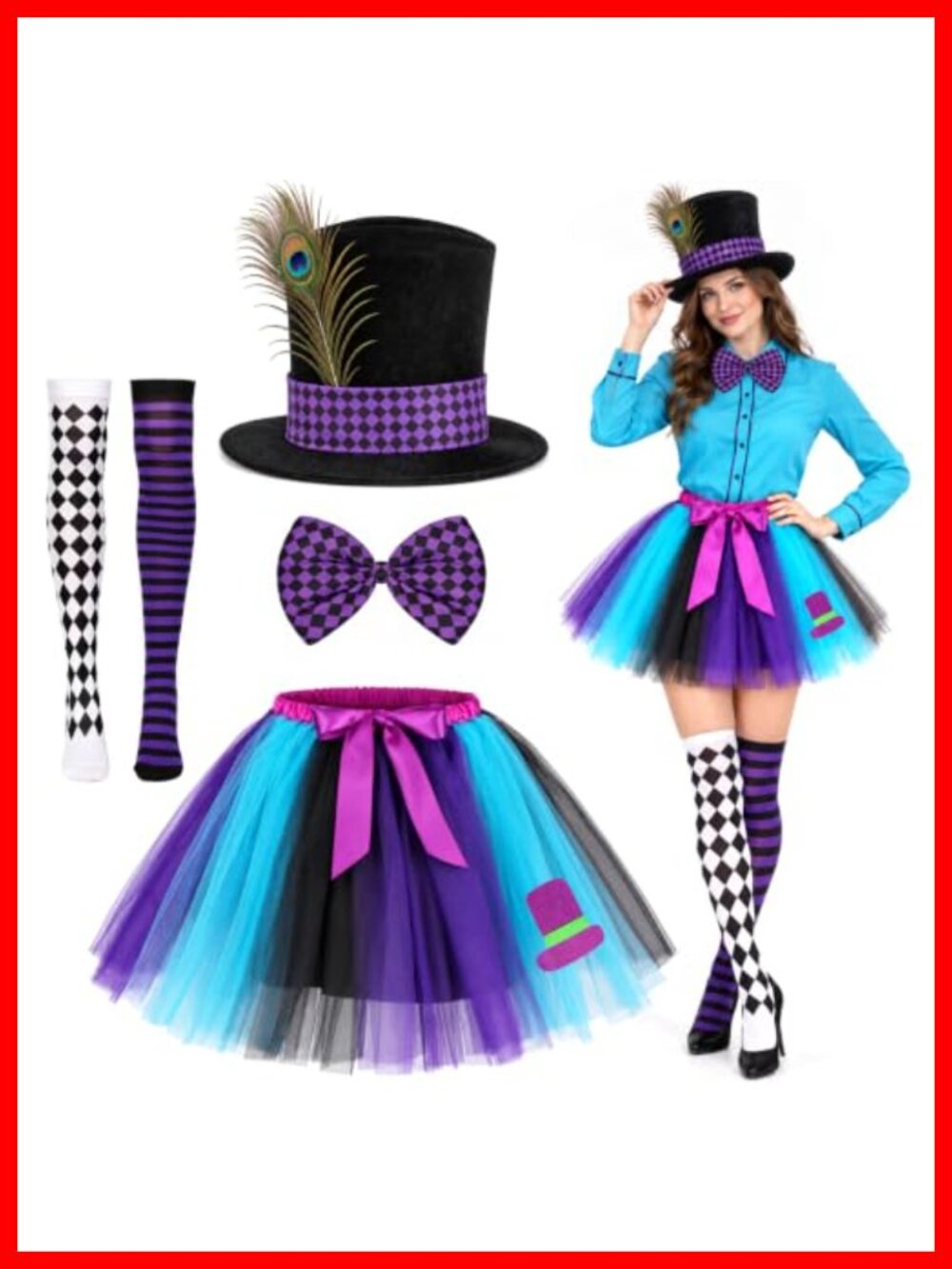 Mad Hatter Costume Set Women 4pc Hat Bow Tie Tutu Stockings Cosplay